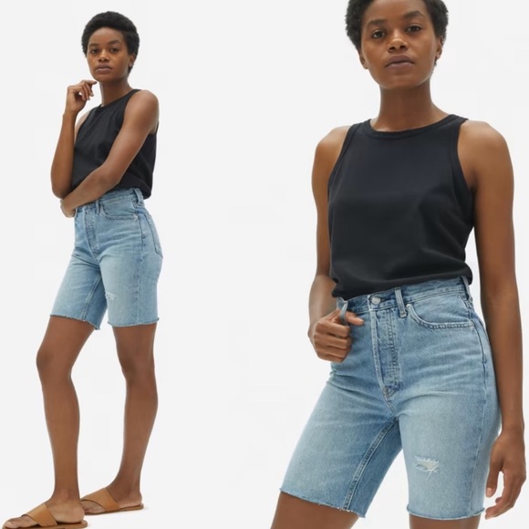 EVERLANE The Jean Cheeky Long Denim Distressed Shorts - Picture 3 of 9